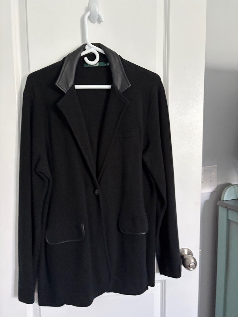 Lauren Ralph Lauren Black Single-Button Blazer with Leather-Trim Collar